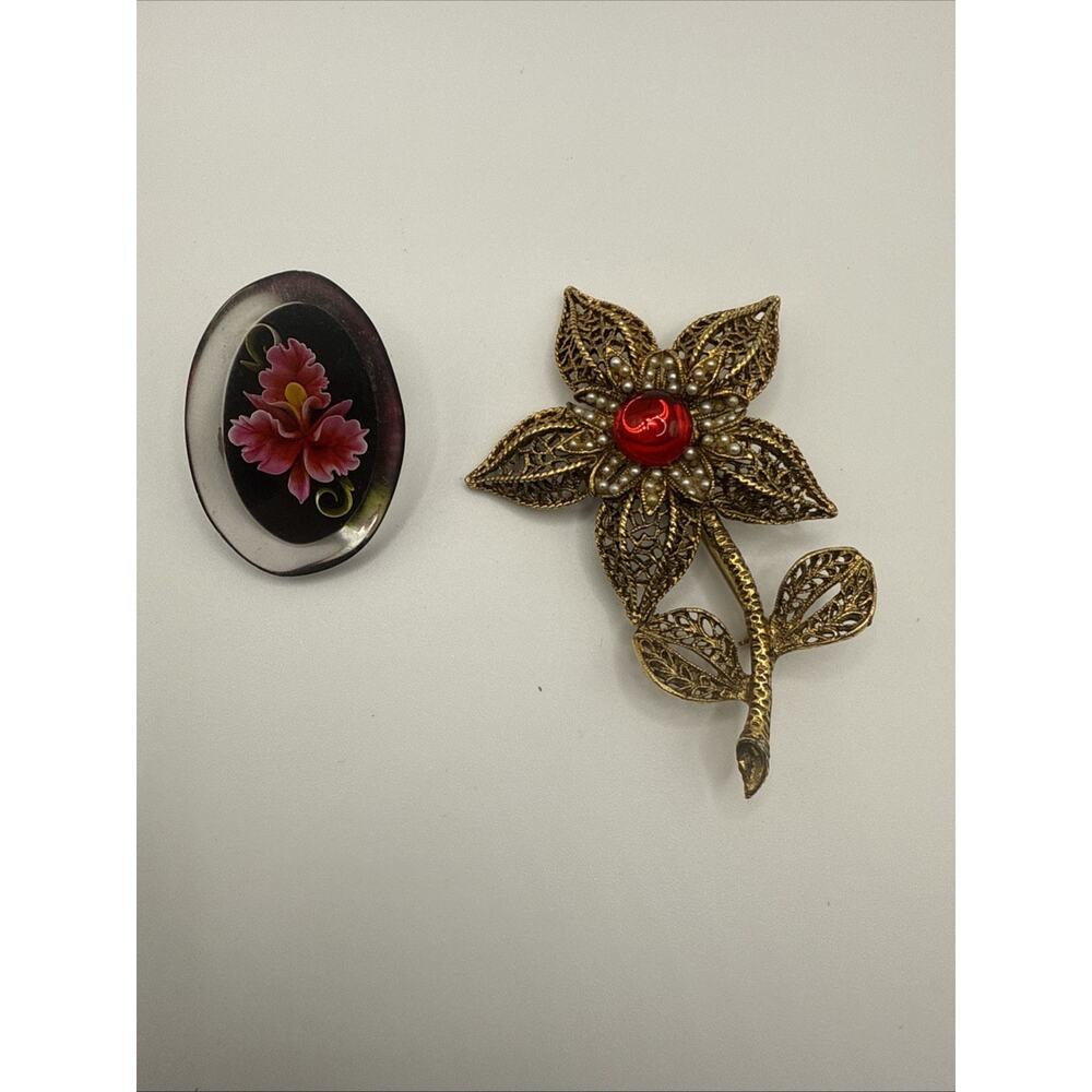 Vintage Lot of Two Brooches Floral Pink Red Lucite Gold Tone Filigree